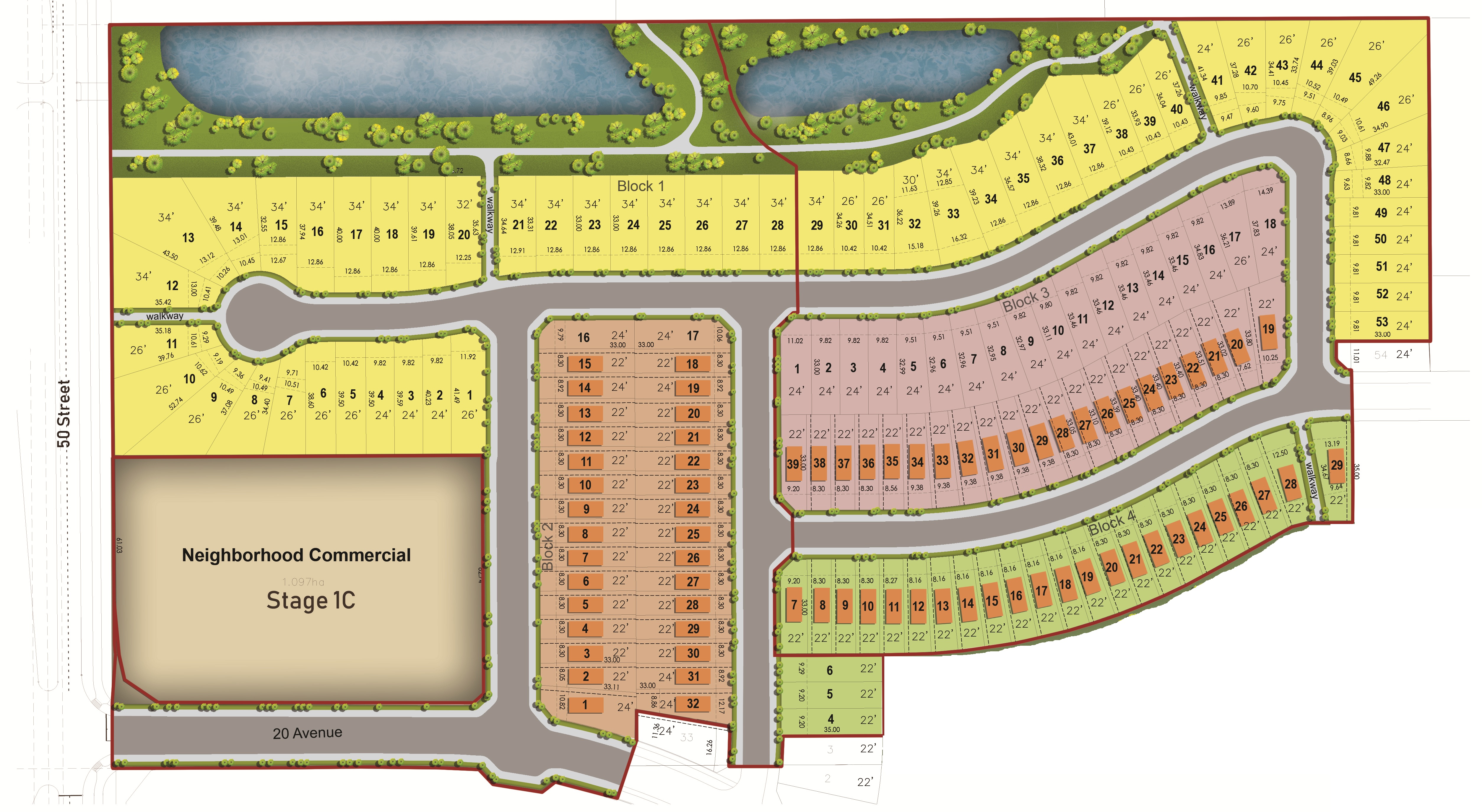 Meltwater Stage 1 master plan showing blocks, lots, ponds, and the future Edmonton Public School site